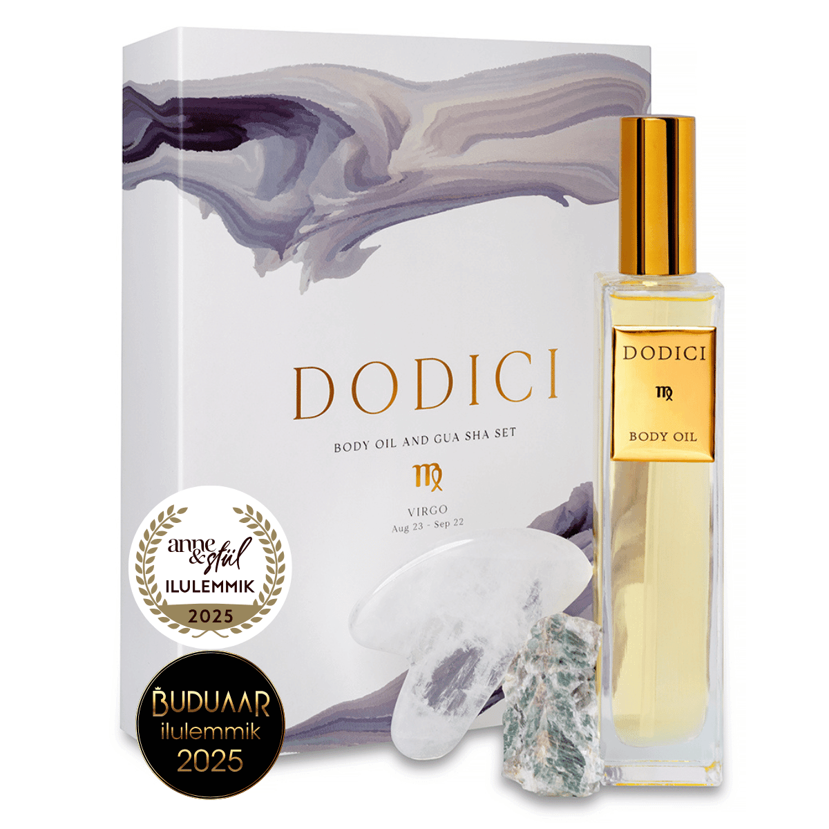 Keha- ja näoõli + gua sha + õnnekristalliga ilurituaali komplekt